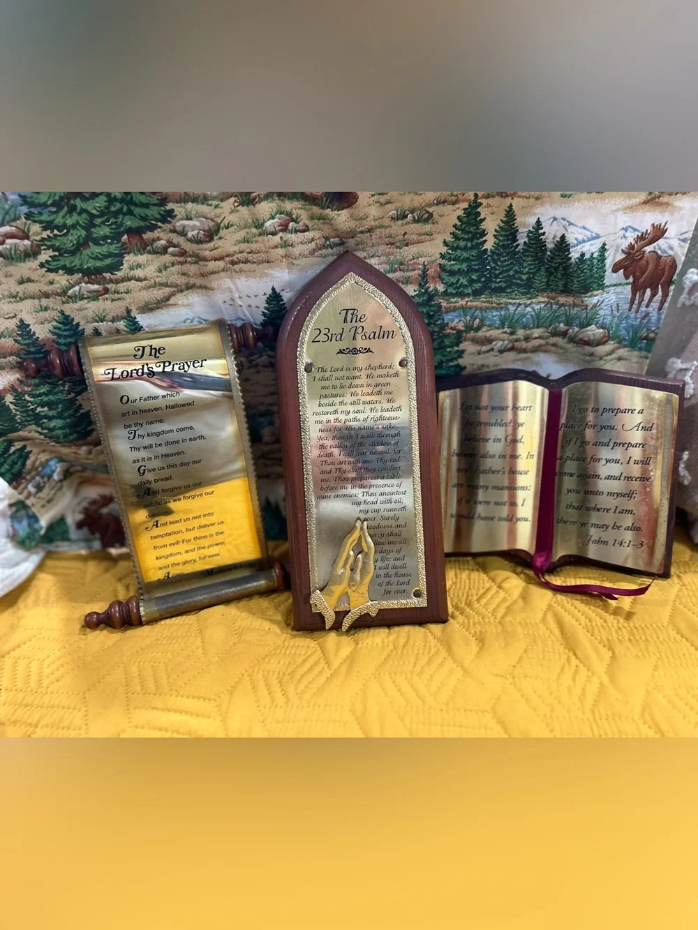 VTG 1970s Homco Brass & Wood Religious Wall Plaque Set - 3pc